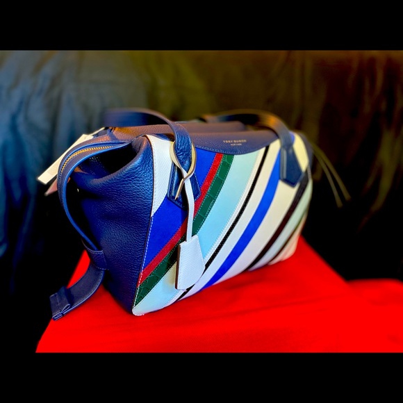 Tory Burch Blue Perry Balloon Stripe Satchel - Picture 4 of 7